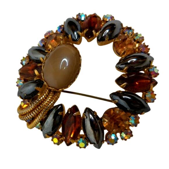 Vintage Alice Caviness Round Brooch Hematite Topaz Aurora Borealis Rhinestone - Picture 5 of 6